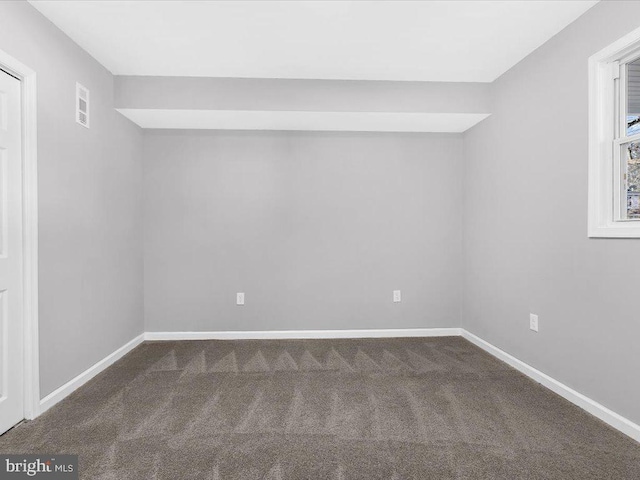 spare room with visible vents, baseboards, and carpet flooring