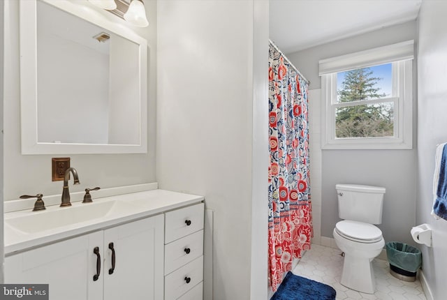 full bath with visible vents, toilet, a shower with curtain, tile patterned flooring, and vanity