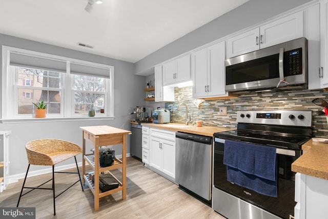 kitchen featuring stainless steel appliances, tasteful backsplash, white cabinets, a sink, and wood counters