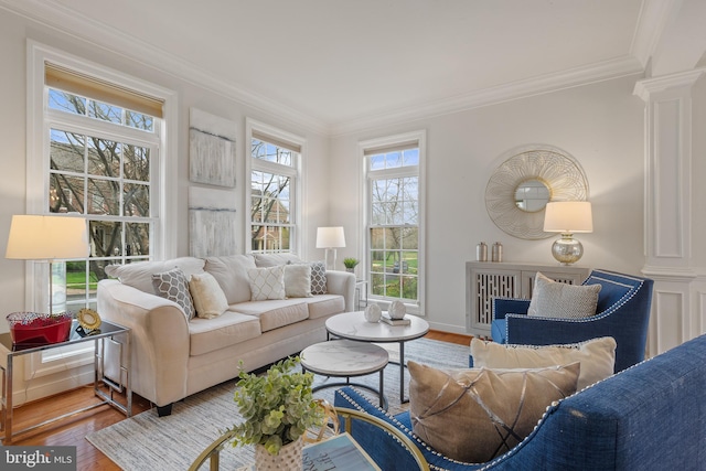 living room featuring decorative columns, crown molding, and wood finished floors