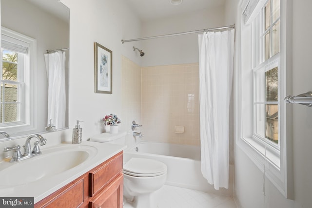 full bathroom with toilet, tile patterned floors, shower / bathtub combination with curtain, and vanity