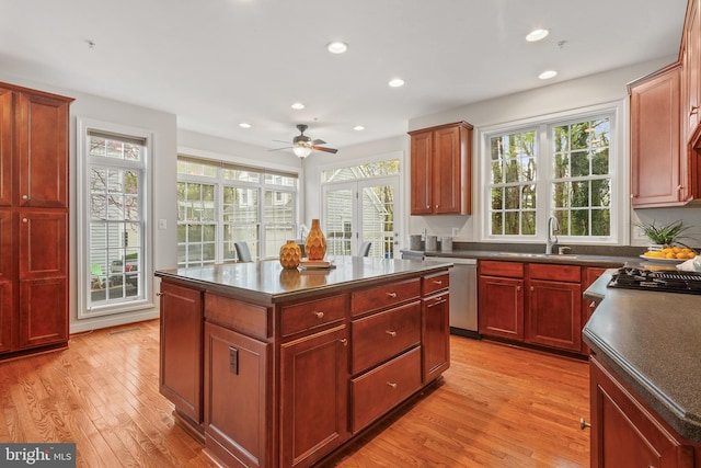 kitchen with stainless steel dishwasher, a sink, dark brown cabinets, and dark countertops