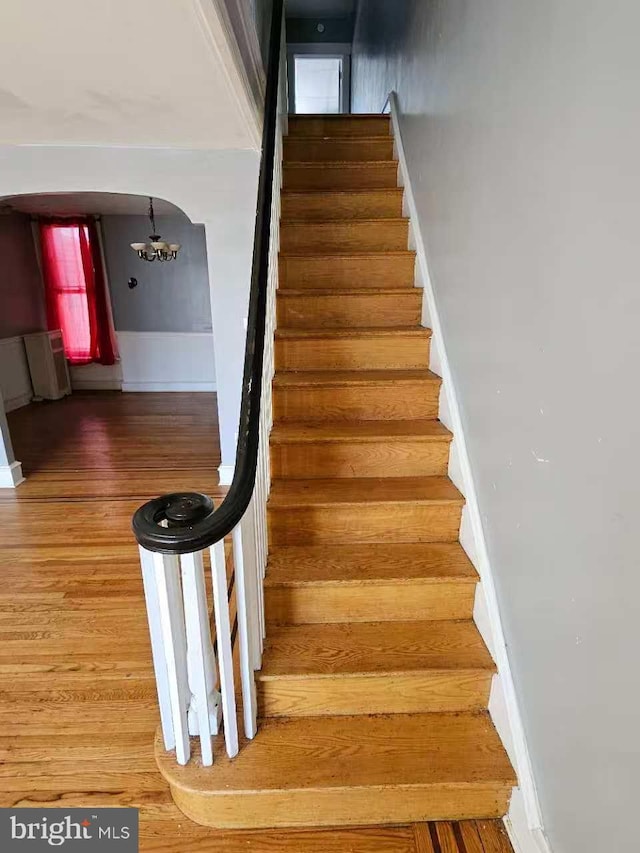 stairs with baseboards and wood finished floors