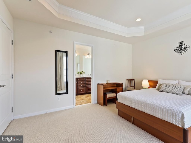 bedroom featuring ornamental molding, a tray ceiling, light carpet, and baseboards