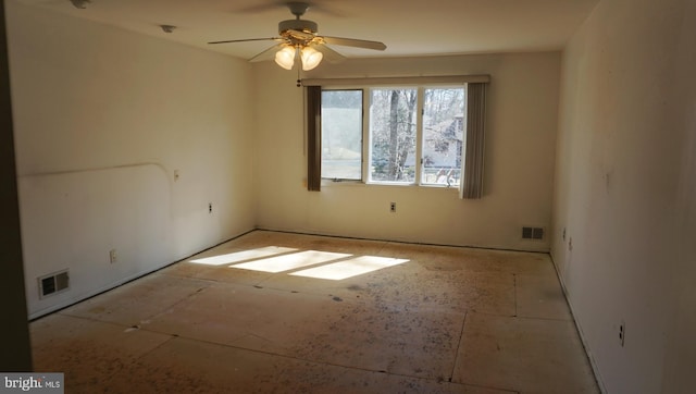 empty room featuring visible vents and a ceiling fan