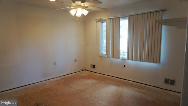 unfurnished room with visible vents and ceiling fan