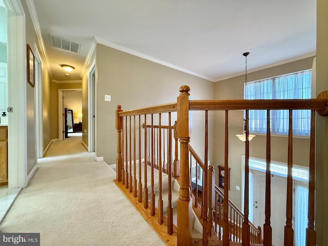 hall featuring visible vents, an upstairs landing, light carpet, ornamental molding, and baseboards