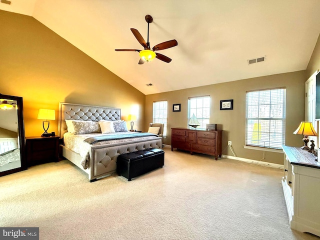 bedroom featuring visible vents, high vaulted ceiling, baseboards, and carpet floors