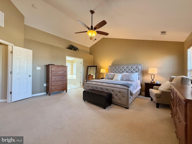 bedroom with visible vents, light carpet, high vaulted ceiling, a ceiling fan, and baseboards