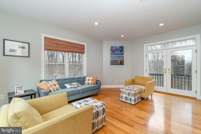 living room with light wood-style flooring, a wealth of natural light, and french doors