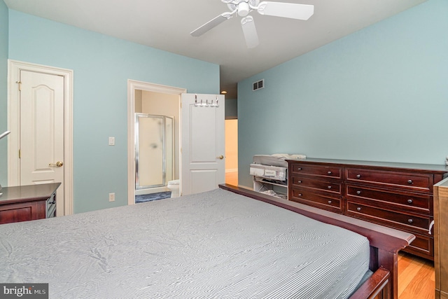 bedroom featuring light wood-type flooring, ceiling fan, and visible vents