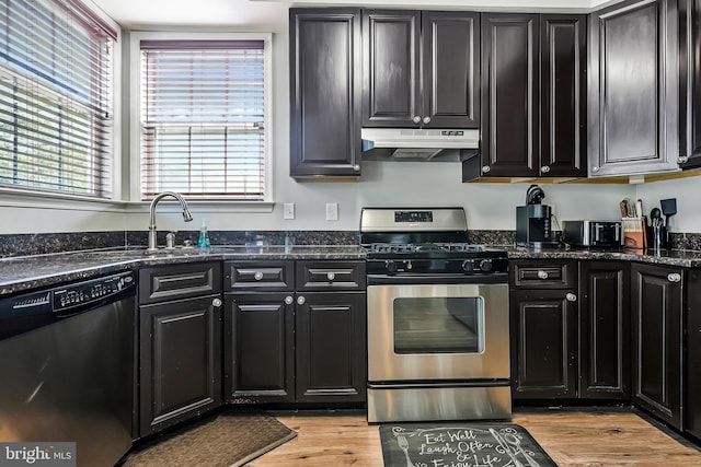 kitchen featuring under cabinet range hood, dark stone countertops, light wood-style floors, stainless steel appliances, and dark cabinets