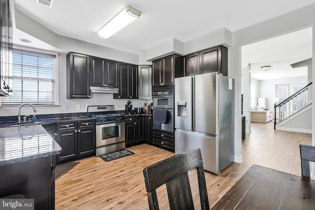 kitchen with under cabinet range hood, light wood-type flooring, appliances with stainless steel finishes, dark cabinetry, and a sink