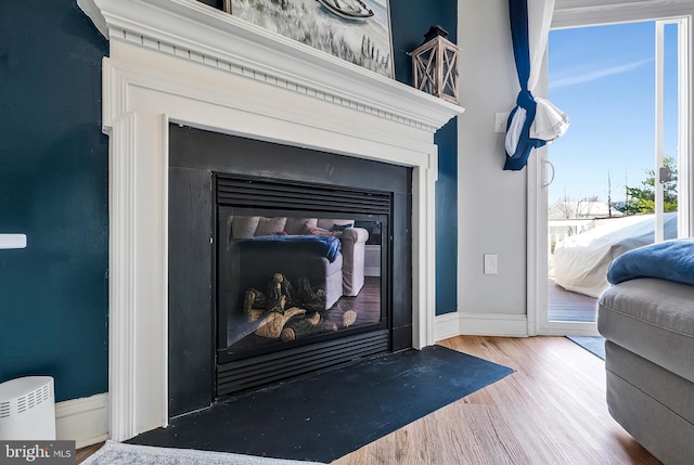 room details featuring a fireplace with flush hearth, baseboards, and wood finished floors