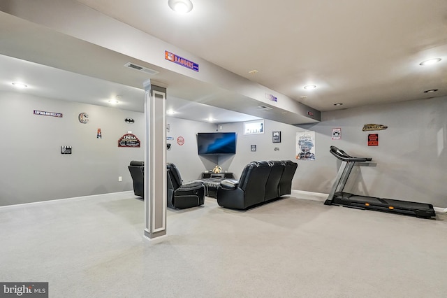 exercise area featuring visible vents, recessed lighting, baseboards, and carpet