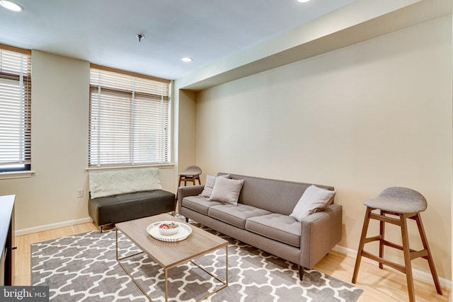 living area with light wood-style floors, baseboards, and a healthy amount of sunlight