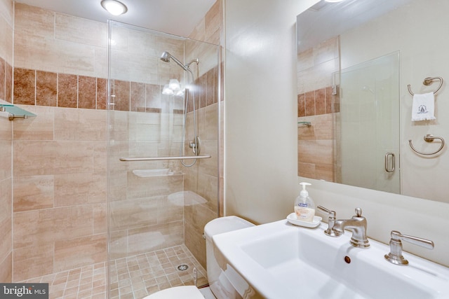 bathroom featuring a shower stall, toilet, and a sink