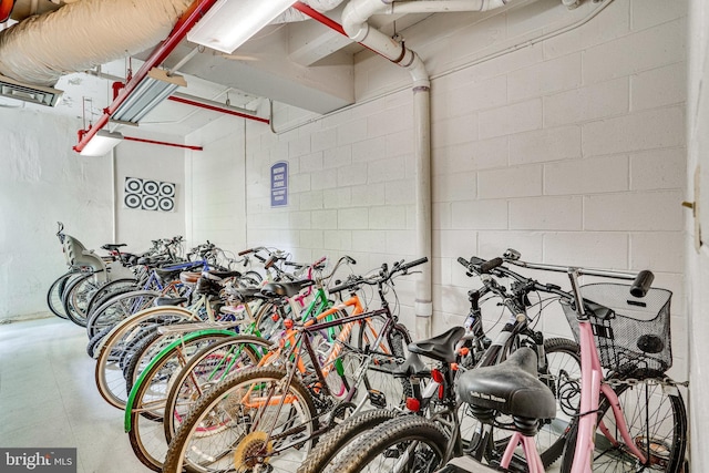 garage featuring concrete block wall and bike storage