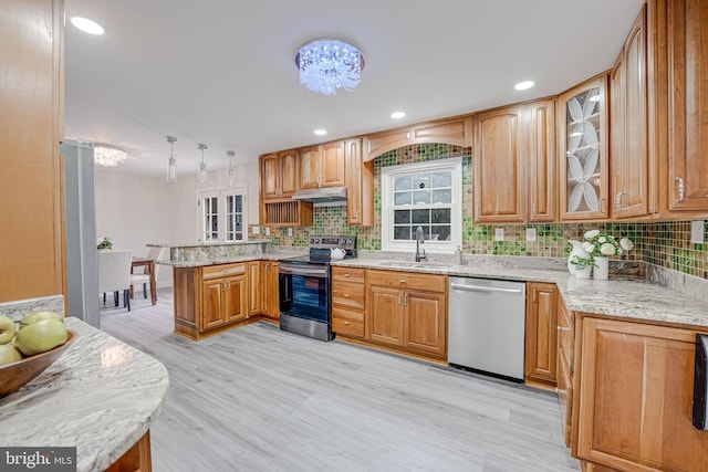 kitchen with stainless steel appliances, tasteful backsplash, a sink, a peninsula, and under cabinet range hood