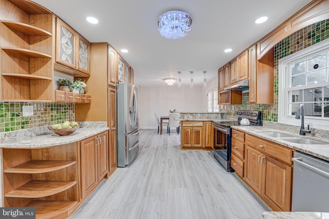 kitchen featuring open shelves, appliances with stainless steel finishes, a sink, and under cabinet range hood