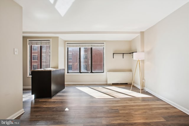 interior space with a skylight, baseboards, and wood finished floors