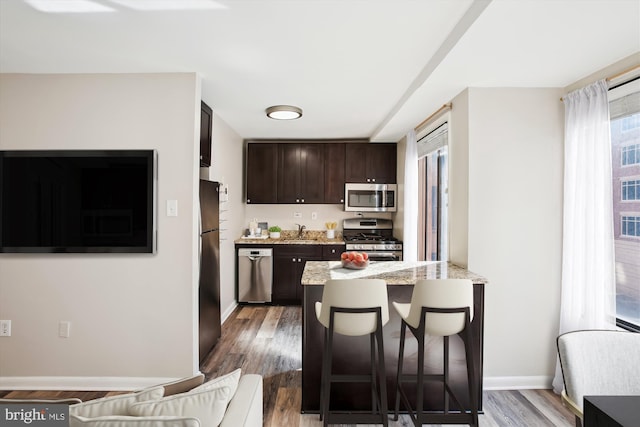 kitchen featuring appliances with stainless steel finishes, a sink, dark brown cabinets, and wood finished floors