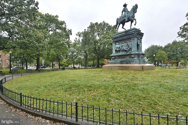 view of community featuring fence and a lawn