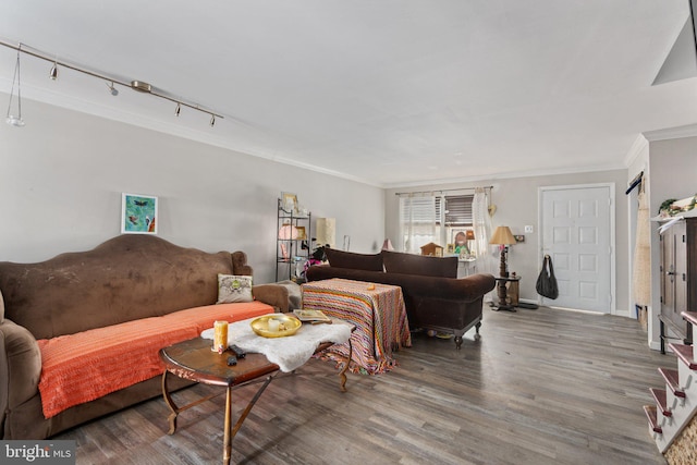 living area with ornamental molding, rail lighting, and wood finished floors