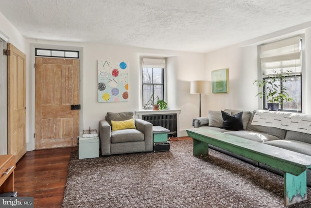 living area featuring a textured ceiling, dark wood-style flooring, and radiator