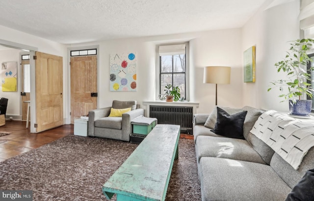 living area with radiator, a textured ceiling, and wood finished floors