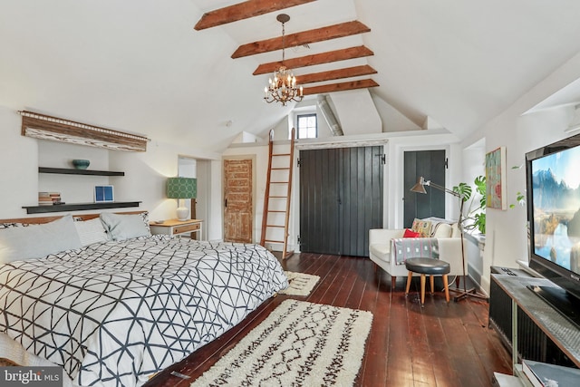 bedroom featuring vaulted ceiling with beams, hardwood / wood-style floors, access to exterior, and an inviting chandelier