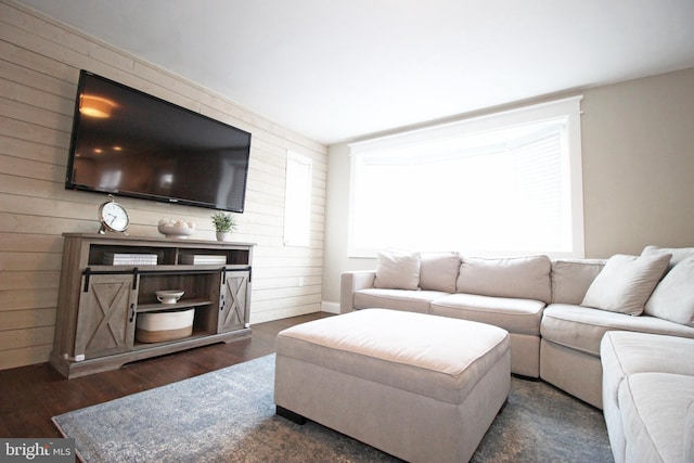 living area featuring wood walls and wood finished floors