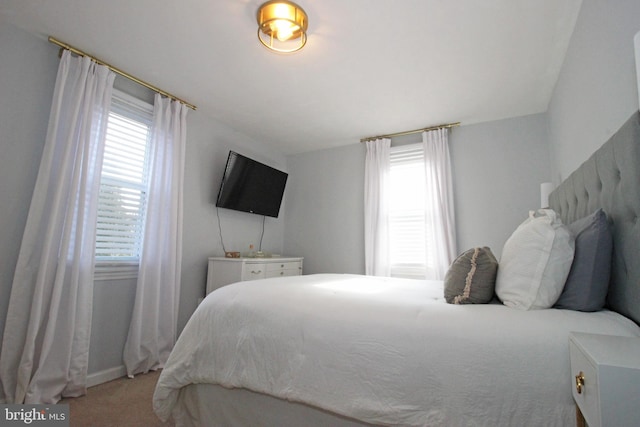 bedroom with baseboards and light colored carpet