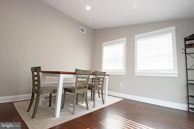 dining space featuring recessed lighting, visible vents, baseboards, and wood finished floors