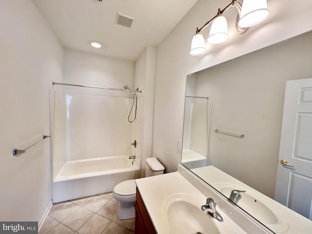 full bath with visible vents, bathing tub / shower combination, toilet, tile patterned flooring, and vanity