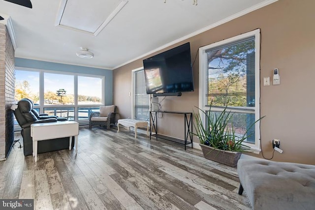 living area with ornamental molding, wood finished floors, and attic access