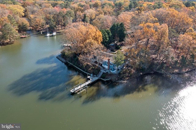 drone / aerial view featuring a water view and a view of trees