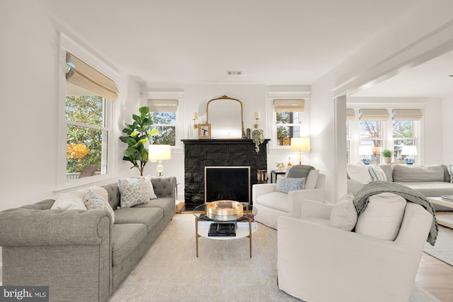 living area featuring wood finished floors, visible vents, and a premium fireplace