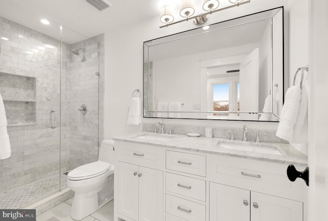 full bathroom with visible vents, a sink, a shower stall, and toilet