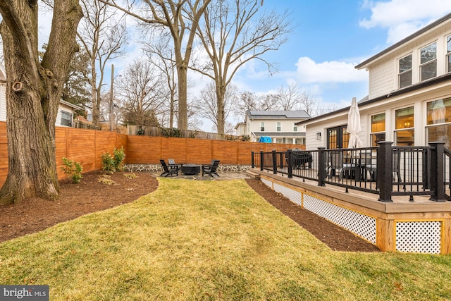 view of yard featuring a fenced backyard and a wooden deck