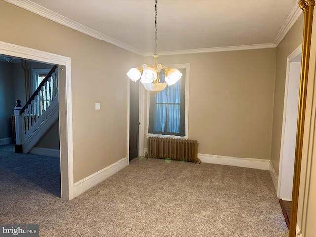 interior space featuring radiator heating unit, stairs, ornamental molding, and carpet flooring