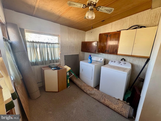 laundry area featuring ceiling fan, washer and clothes dryer, carpet, and cabinet space