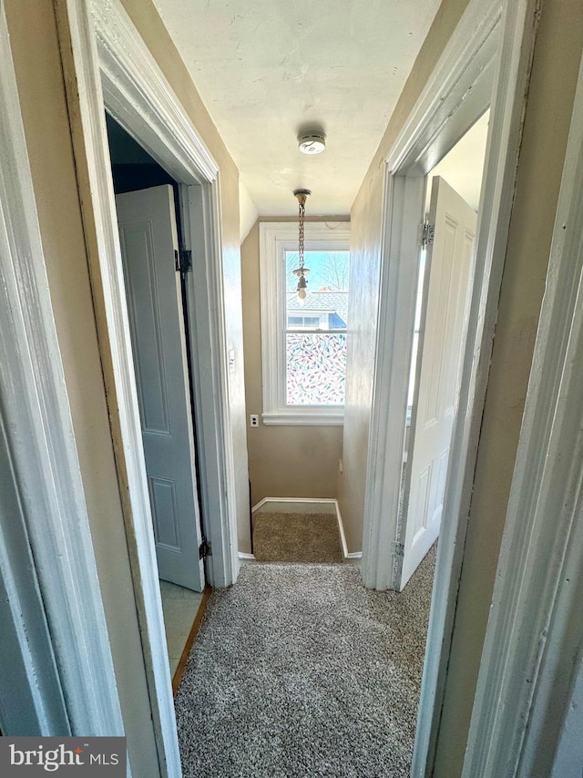 hallway with baseboards and carpet flooring