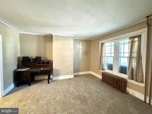 interior space featuring carpet floors, radiator heating unit, baseboards, and ornamental molding