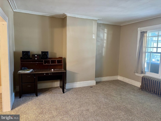 interior space with carpet floors, radiator, crown molding, and baseboards