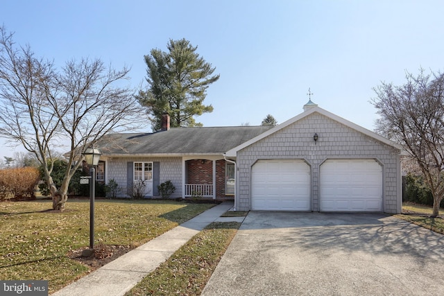 ranch-style house with a garage, a chimney, aphalt driveway, and a front yard