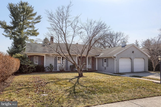 ranch-style home with concrete driveway, a garage, a front yard, and a chimney