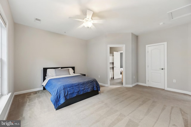 bedroom featuring attic access, visible vents, carpet floors, and baseboards