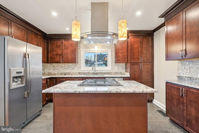 kitchen with tasteful backsplash, appliances with stainless steel finishes, light stone counters, tile patterned floors, and island exhaust hood