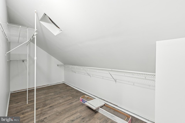 walk in closet featuring lofted ceiling and wood finished floors